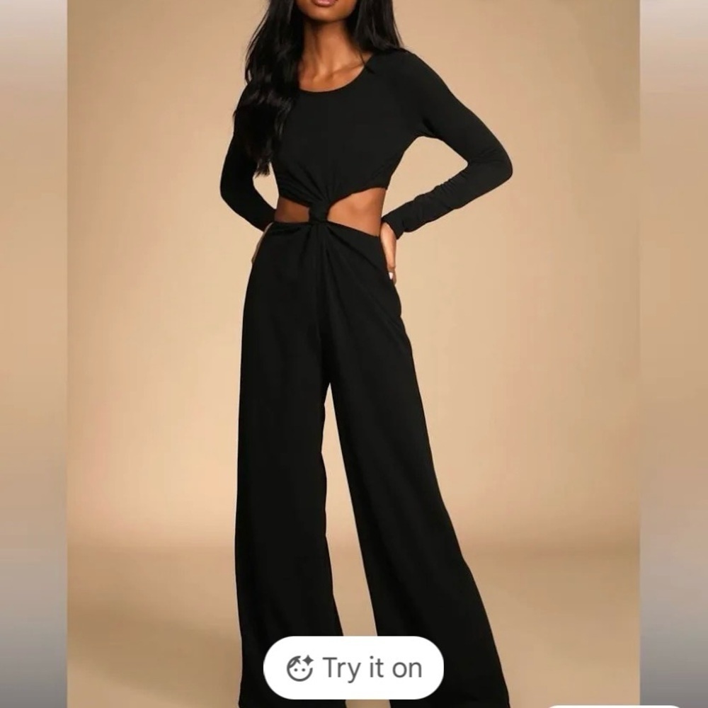 Lulu's Black Long Sleeve Wide Leg Cutout Jumpsuit XL